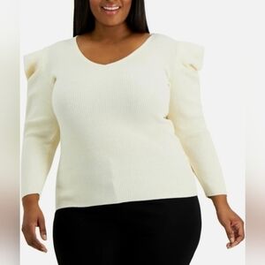 ANNE KLEIN| Womens Knit Puff Sleeve V-Neck Cashmere blend Sweater​